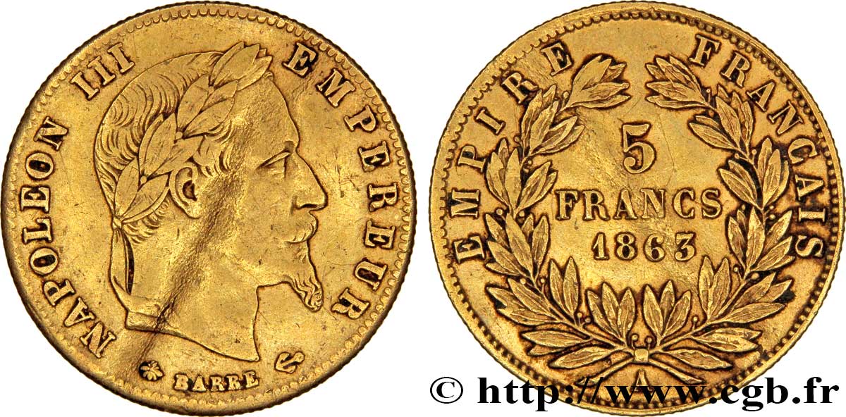 5 francs or Napoléon III, tête laurée 1863 Paris F.502/3 XF40 