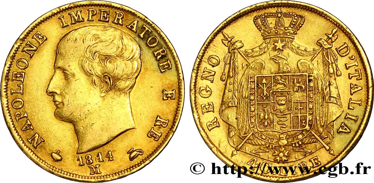 40 lire or Napoléon Empereur et Roi d’Italie, 2e type, tranche en creux 1814 Milan M.203  BB45 
