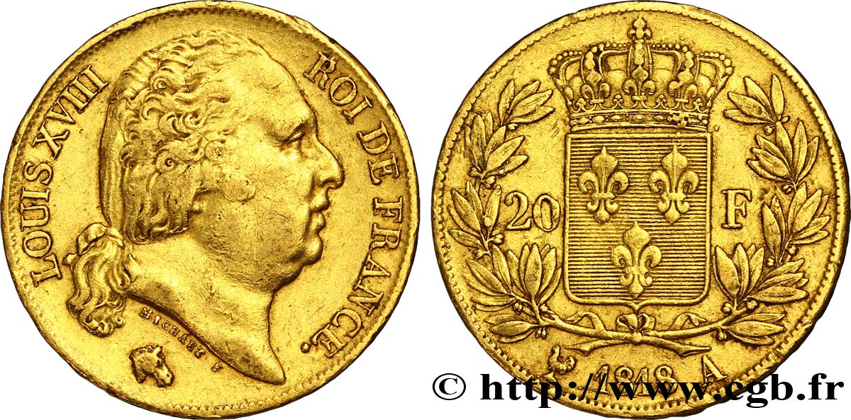 20 francs or Louis XVIII, tête nue 1818 Paris F.519/10 SS45 