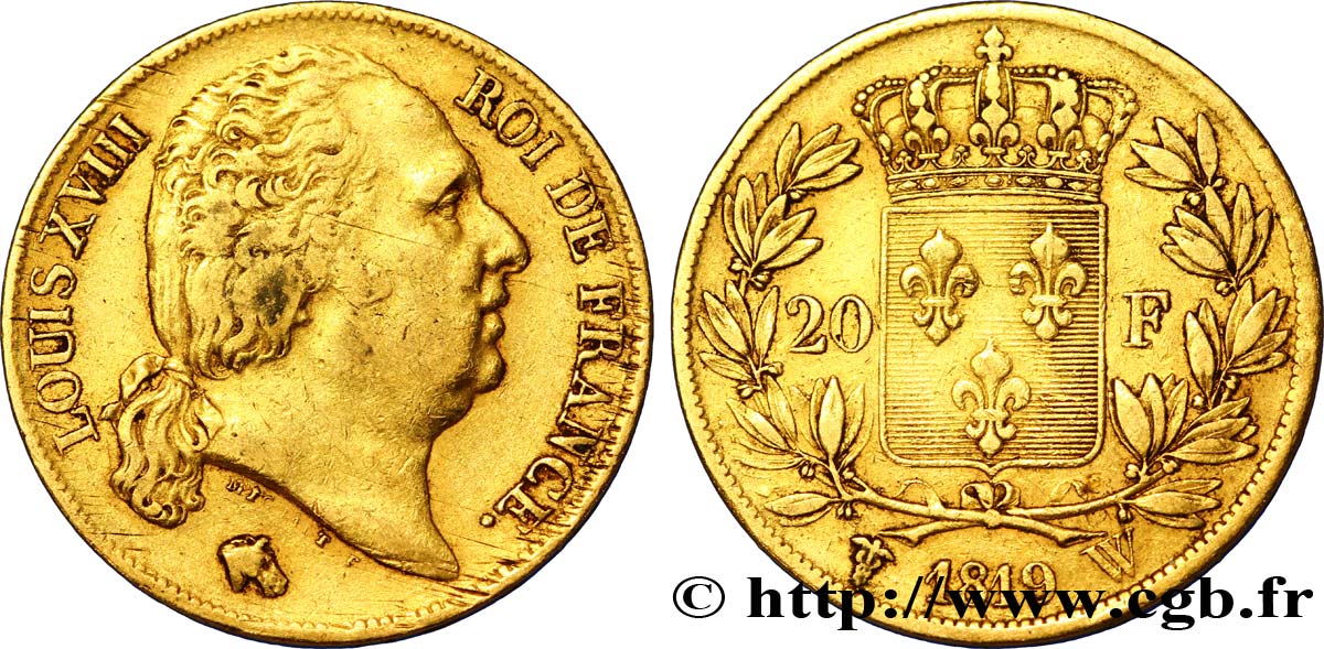 20 francs or Louis XVIII, tête nue 1819 Lille F.519/18 TTB45 