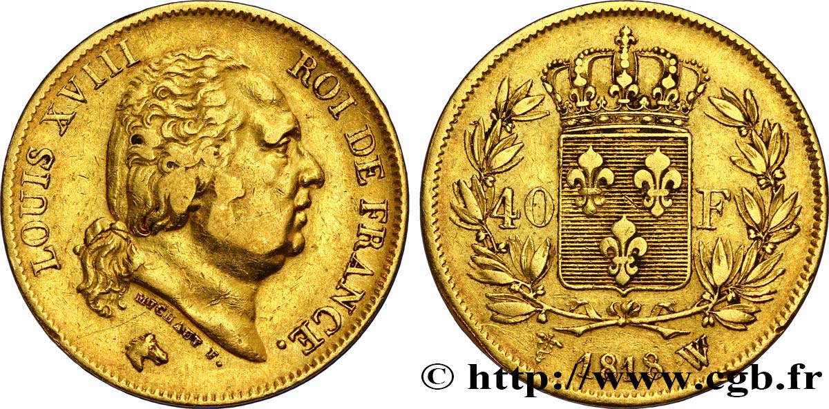 40 francs or Louis XVIII 1818 Lille F.542/8 XF40 