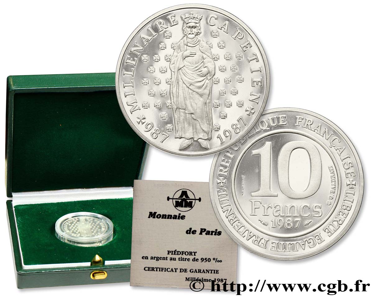 Piéfort argent de 10 francs Millénaire capétien, Belle Épreuve 1987 Pessac F.371/2P MS70 