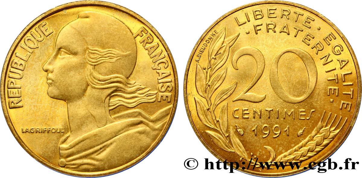 20 centimes Marianne, BE (Belle Épreuve) 1991 Pessac F.156/31 var. MS63 