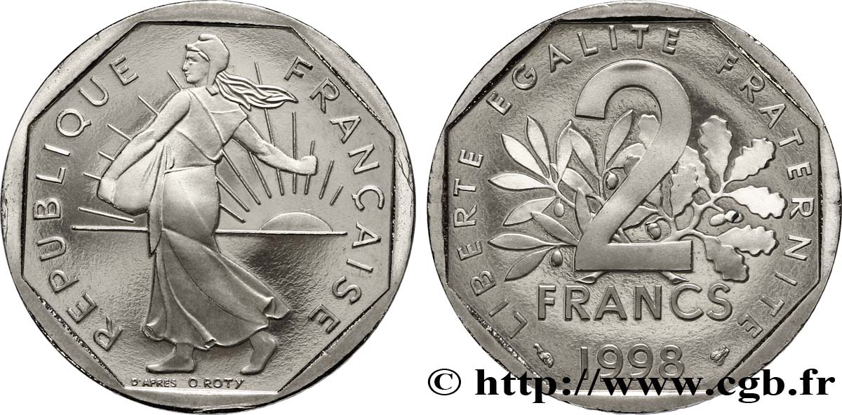 2 francs Semeuse, nickel, BE (Belle Épreuve) 1998 Pessac F.272/26 var. SPL63 