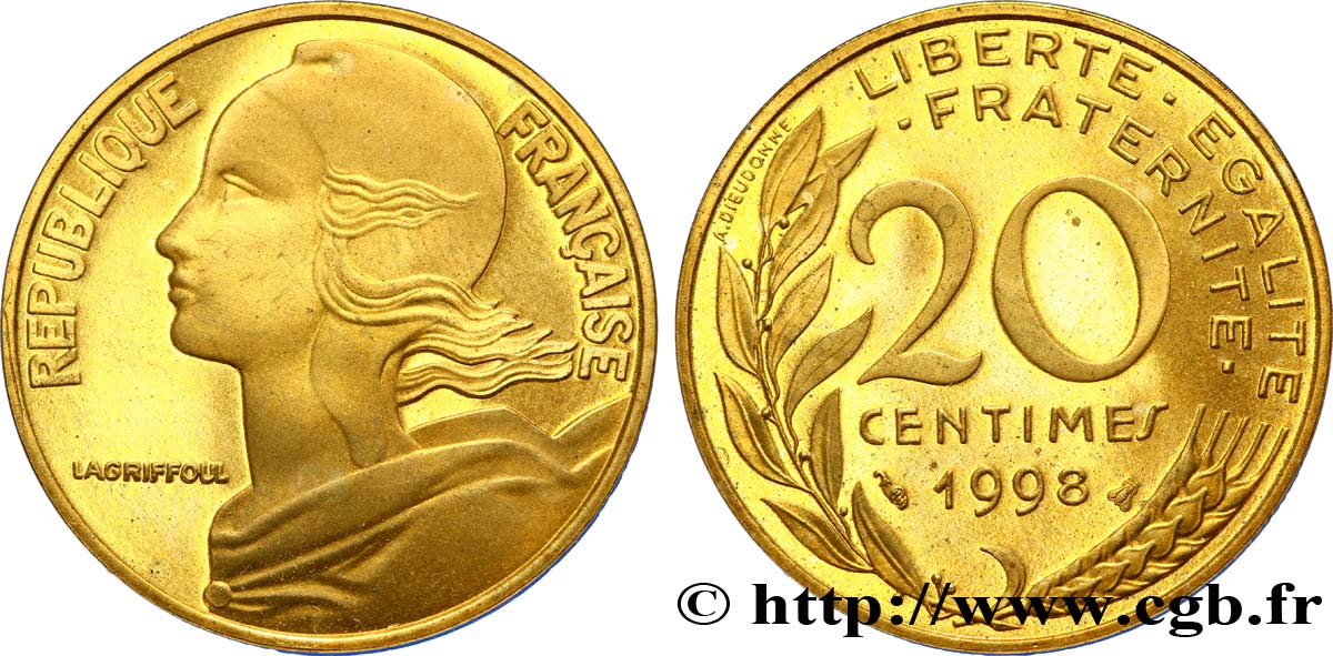 20 centimes Marianne, BE (Belle Épreuve) 1998 Pessac F.156/42 var. MS63 