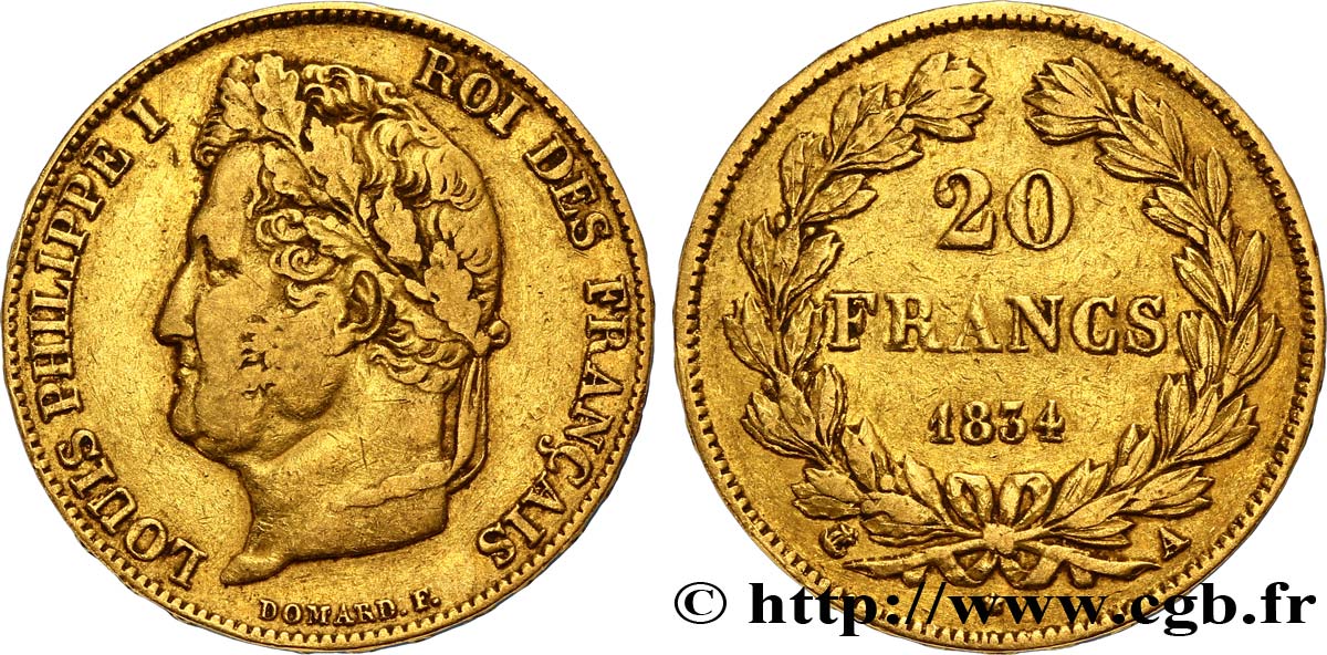 20 francs or Louis-Philippe, Domard 1834 Paris F.527/7 S35 