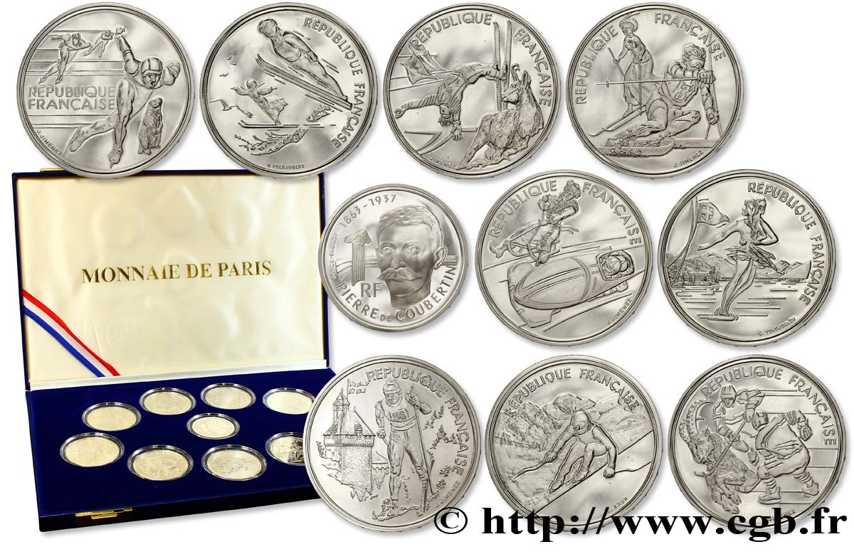 Coffret de neuf essais de 100 francs BU Jeux Olympiques d hiver d Albertville, et essai 100 francs BE Pierre de Coubertin n.d. Paris F.  MS68 
