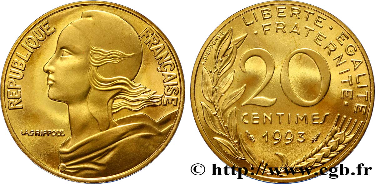 20 centimes Marianne, BE (Belle Épreuve) 1993 Pessac F.156/35 var. MS68 