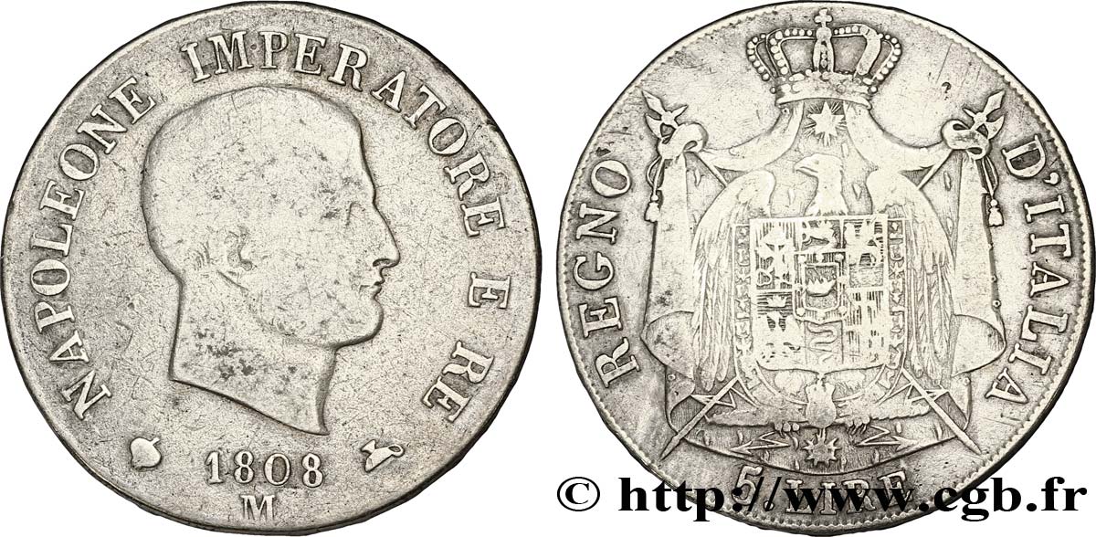 5 lire Napoléon Empereur et Roi d’Italie, 1er type, tranche en relief 1808 Milan M.218  TB20 