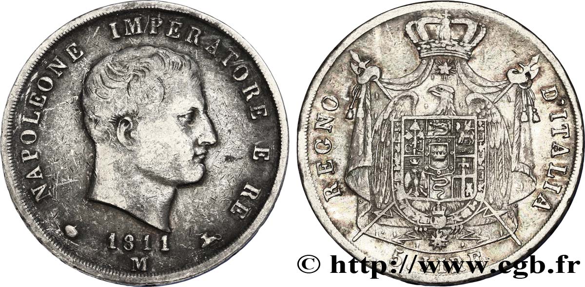 5 lire Napoléon Empereur et Roi d’Italie, 2ème type, tranche en creux 1811 Milan M.224  BC35 