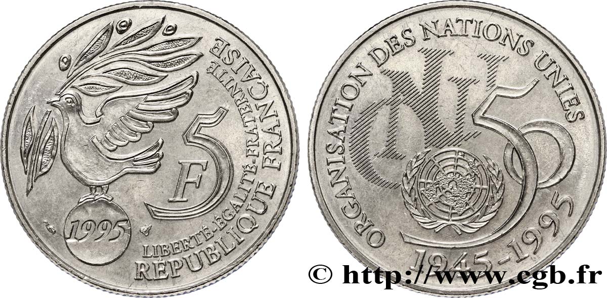 5 francs Cinquantenaire de l’ONU 1995 Pessac F.345/1 VZ58 