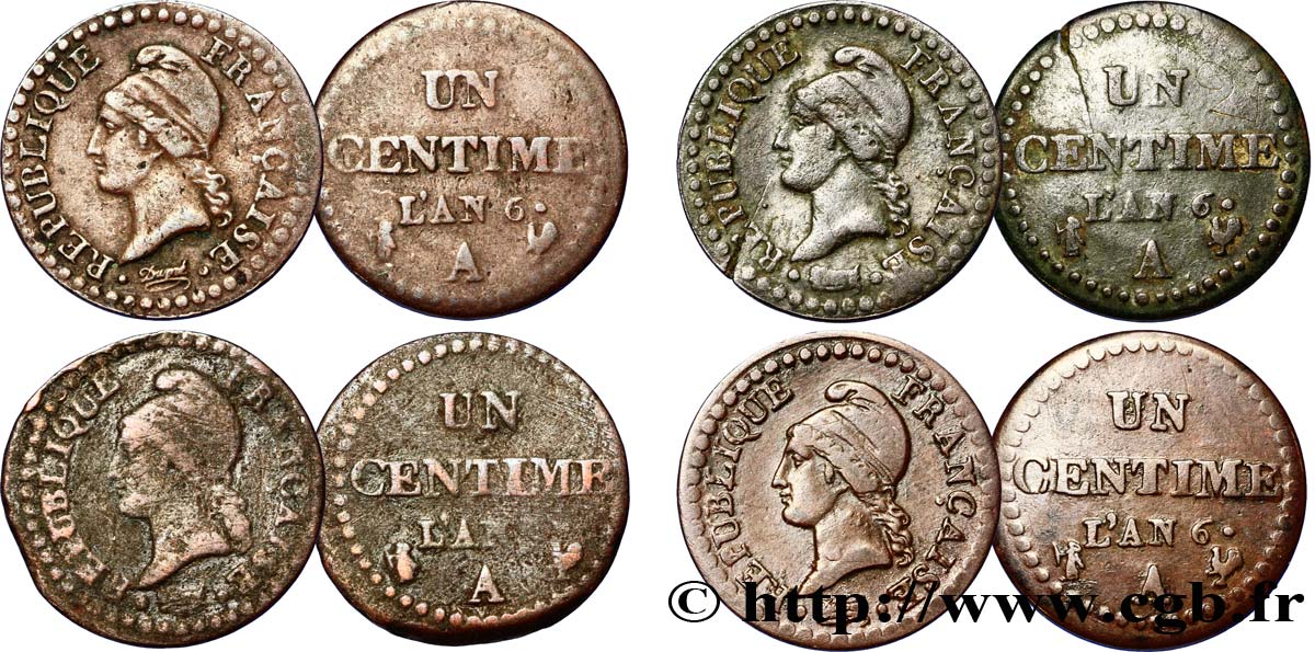 Lot de quatre pièces d’Un centime Dupré, 6 normal 1798 Paris F.100/3 F15 