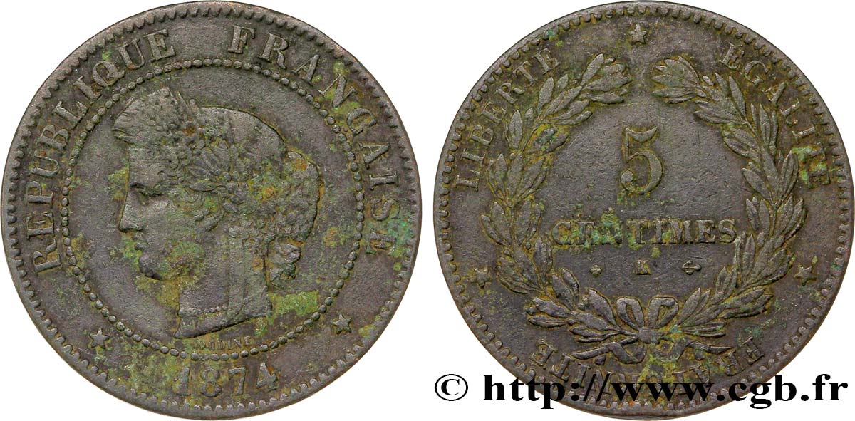 5 centimes Cérès 1874 Bordeaux F.118/10 VF20 