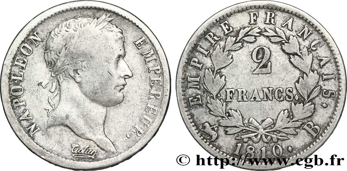 2 francs Napoléon Ier tête laurée, Empire français 1810 Rouen F.255/11 BC20 