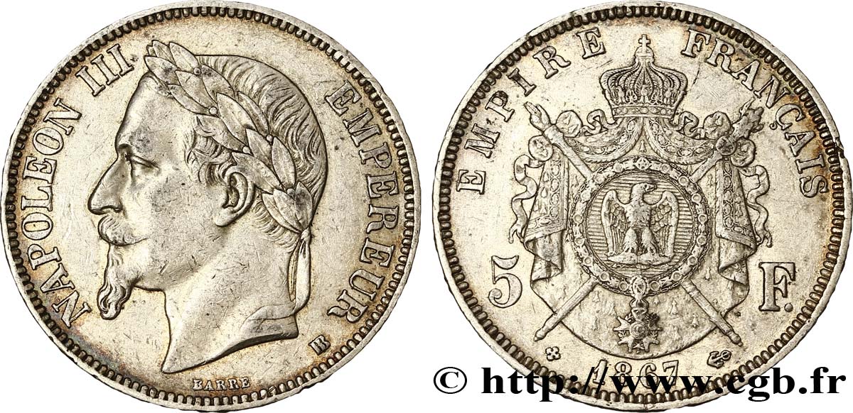 5 francs Napoléon III, tête laurée 1867 Strasbourg F.331/11 AU50 