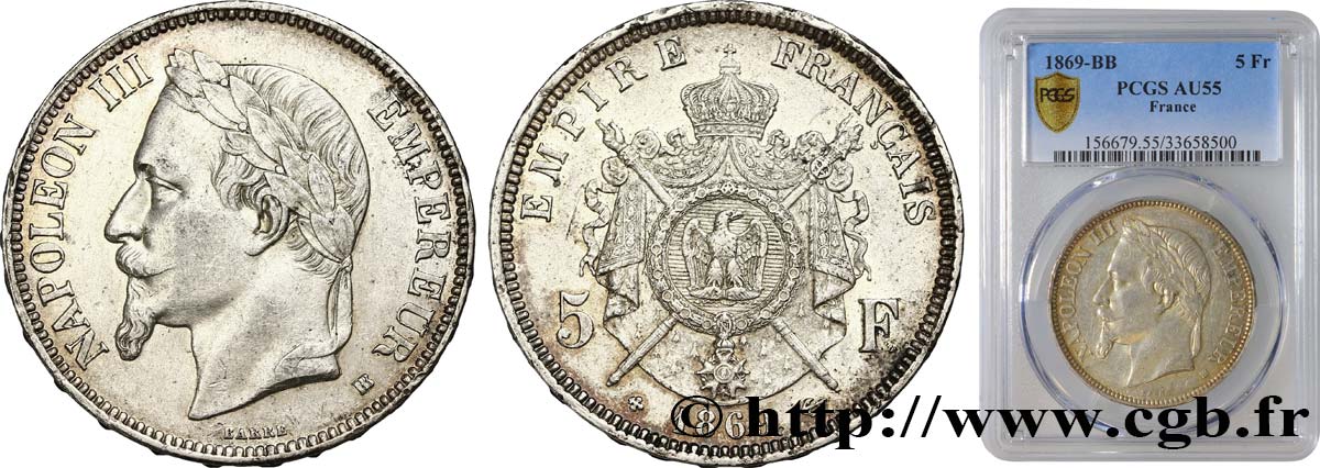 5 francs Napoléon III, tête laurée 1869 Strasbourg F.331/15 AU55 PCGS