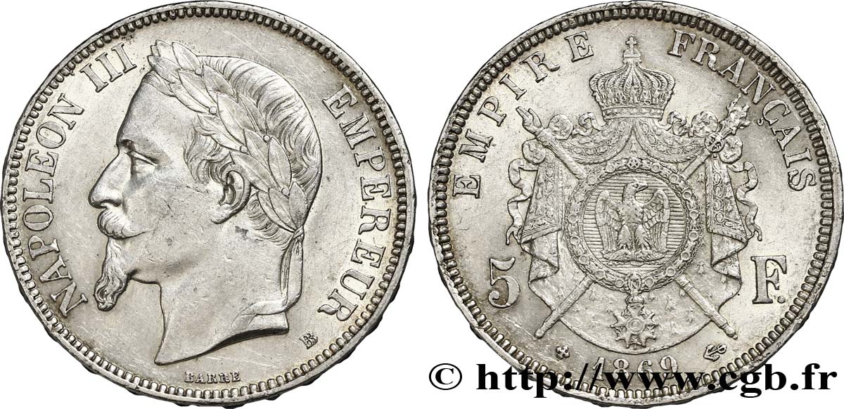 5 francs Napoléon III, tête laurée, petit BB 1869 Strasbourg F.331/15 MBC54 
