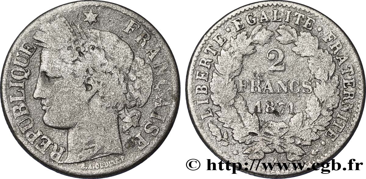 Faux de 2 francs Cérès, avec légende 1871 Paris F.265/5 var. TB15 