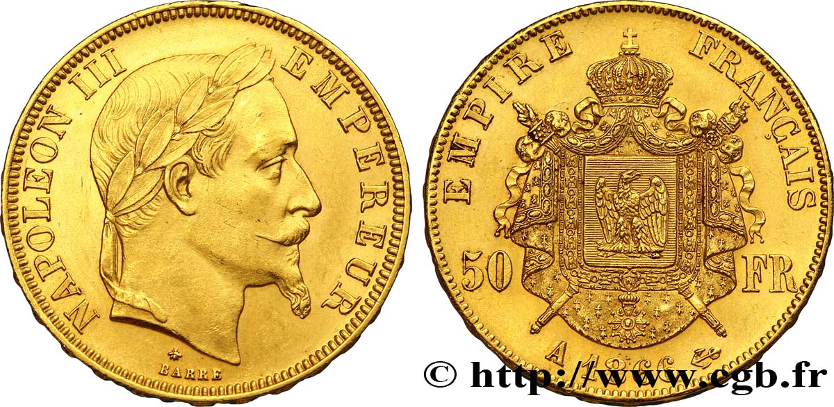 50 francs or Napoléon III, tête laurée 1866 Paris F.548/6 SPL60 