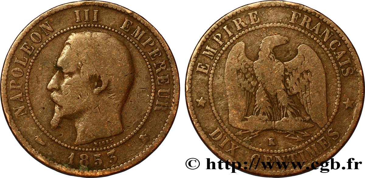 Dix centimes Napoléon III, tête nue 1853 Bordeaux F.133/6 SGE10 