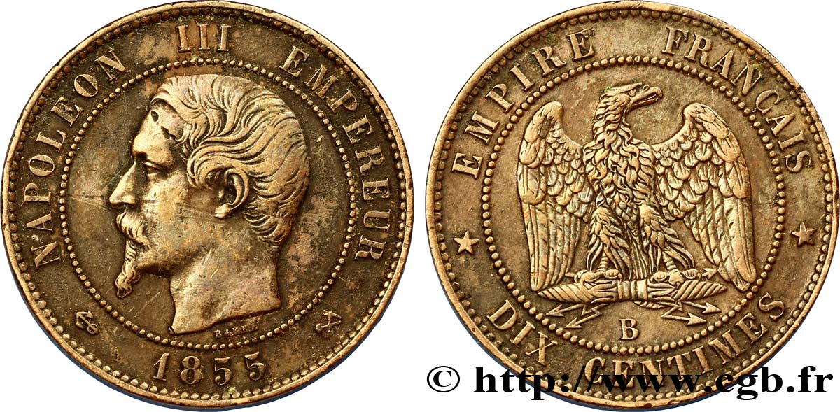 Dix centimes Napoléon III, tête nue 1855 Rouen F.133/22 XF45 