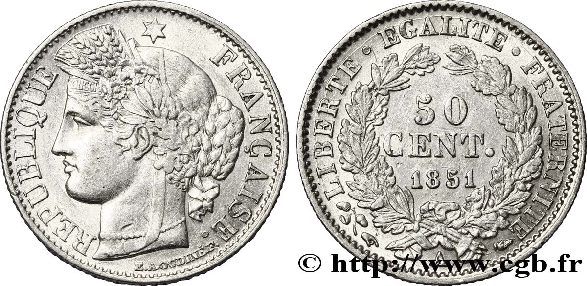 50 centimes Cérès, IIe République 1851 Paris F.184/5 AU58 