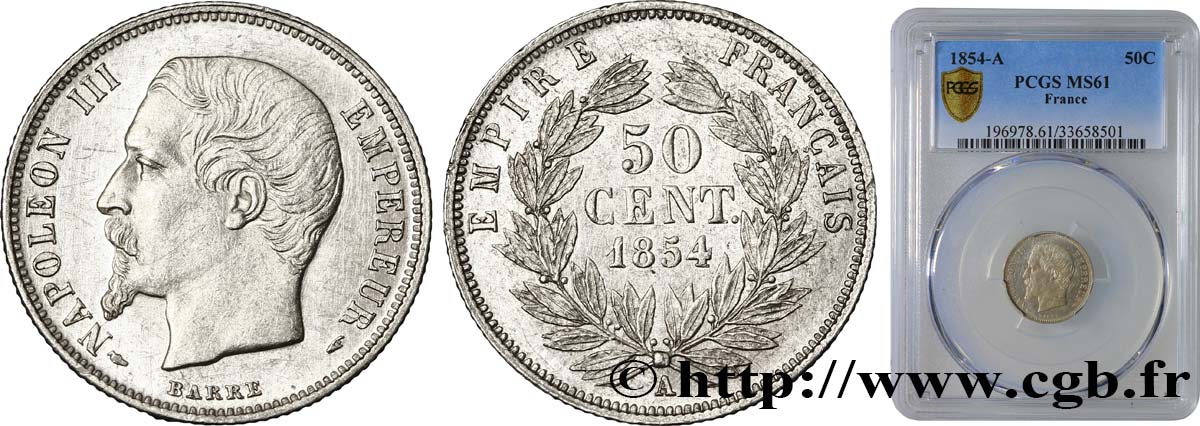 50 centimes Napoléon III, tête nue 1854 Paris F.187/2 MS61 PCGS