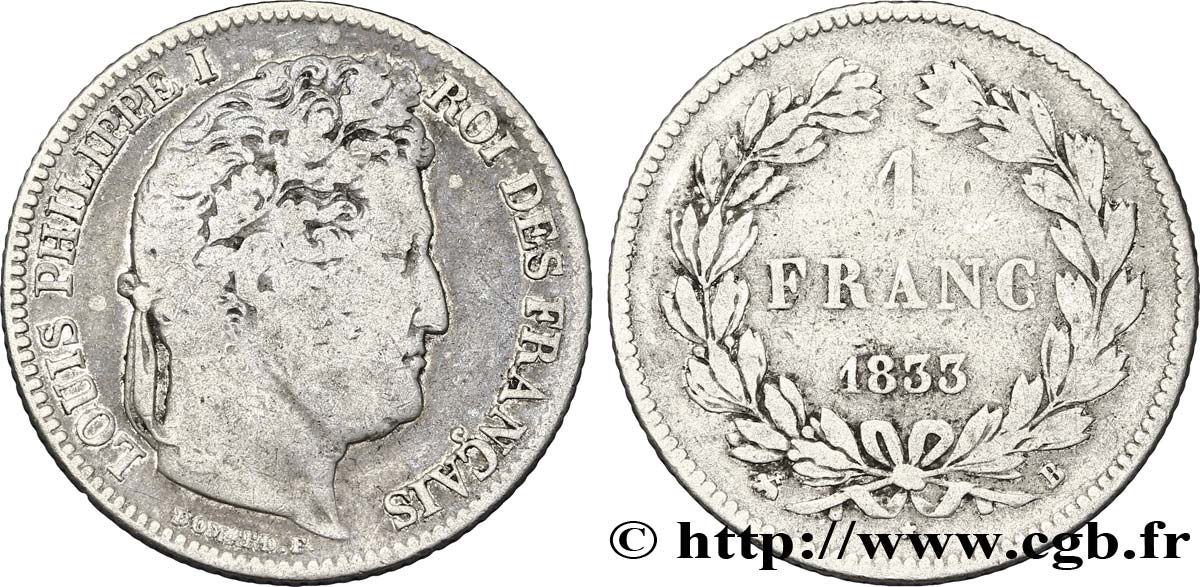 1 franc Louis-Philippe, couronne de chêne 1833 Rouen F.210/15 B10 