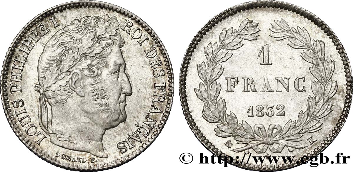 1 franc Louis-Philippe, couronne de chêne 1832 Bordeaux F.210/7 MS60 