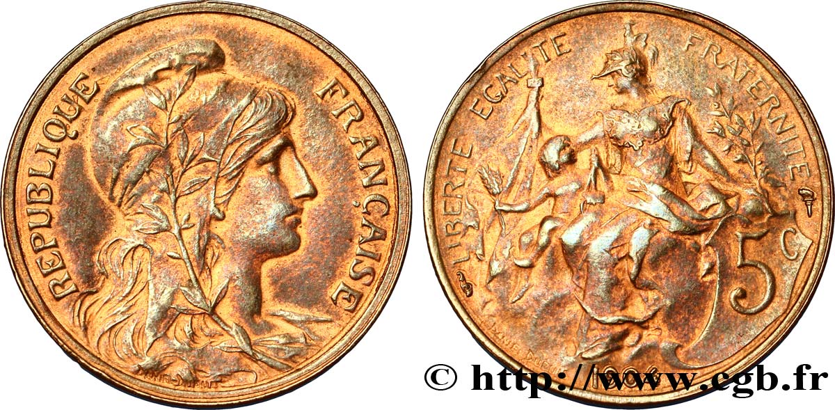5 centimes Daniel-Dupuis, axe à 10h 1904  F.119/14 var. TTB48 