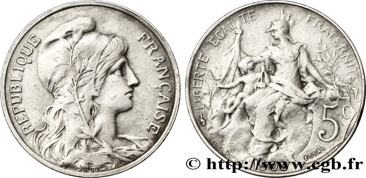 Essai de 5 centimes Daniel-Dupuis, flan en argent 1908  VG.4608 b var. AU58 
