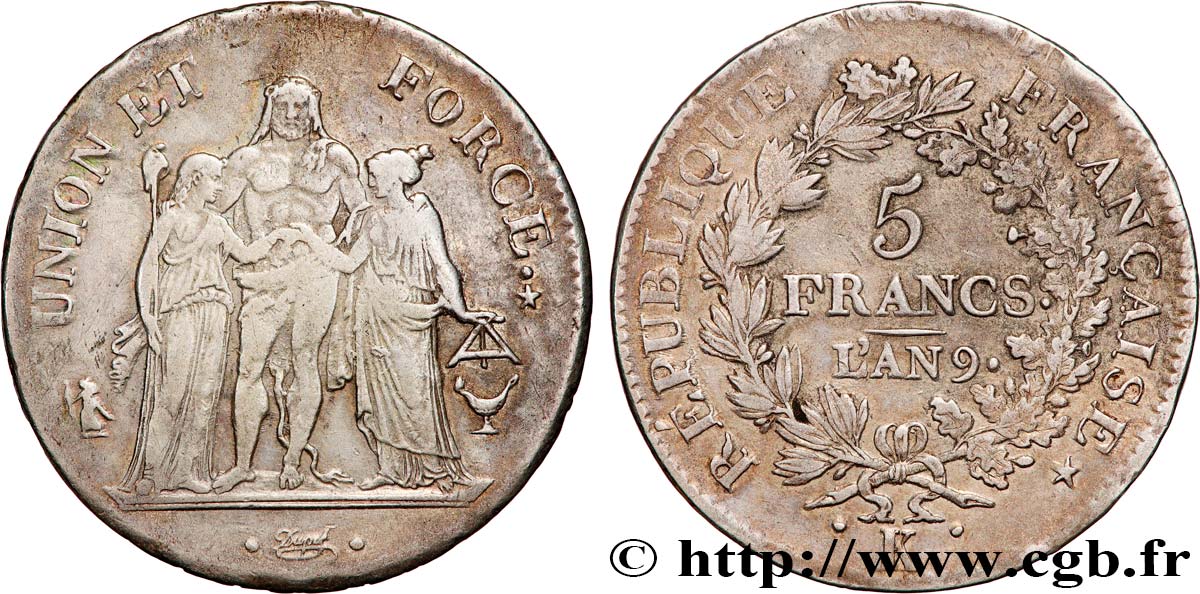 5 francs Union et Force, Union serré, avec glands intérieurs et gland extérieur 1801 Bordeaux F.288/66 TTB48 