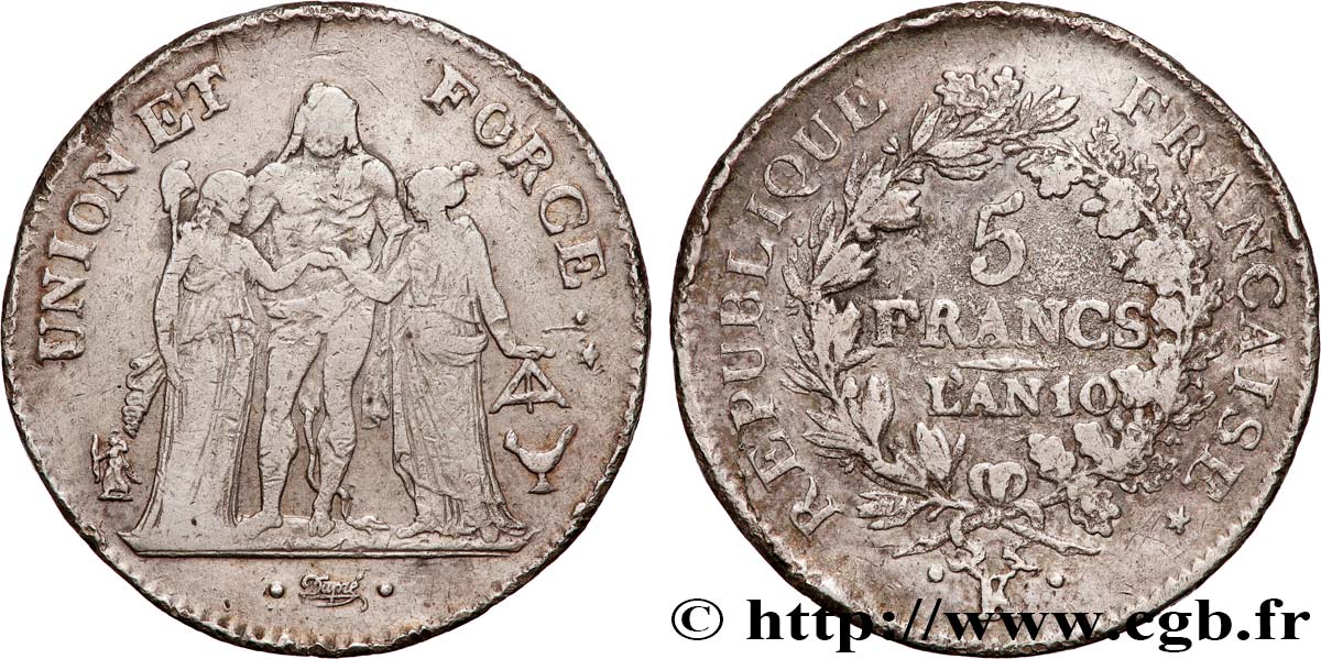 5 francs Union et Force, Union serré, seulement glands intérieurs 1802 Bordeaux F.288/176 BC 
