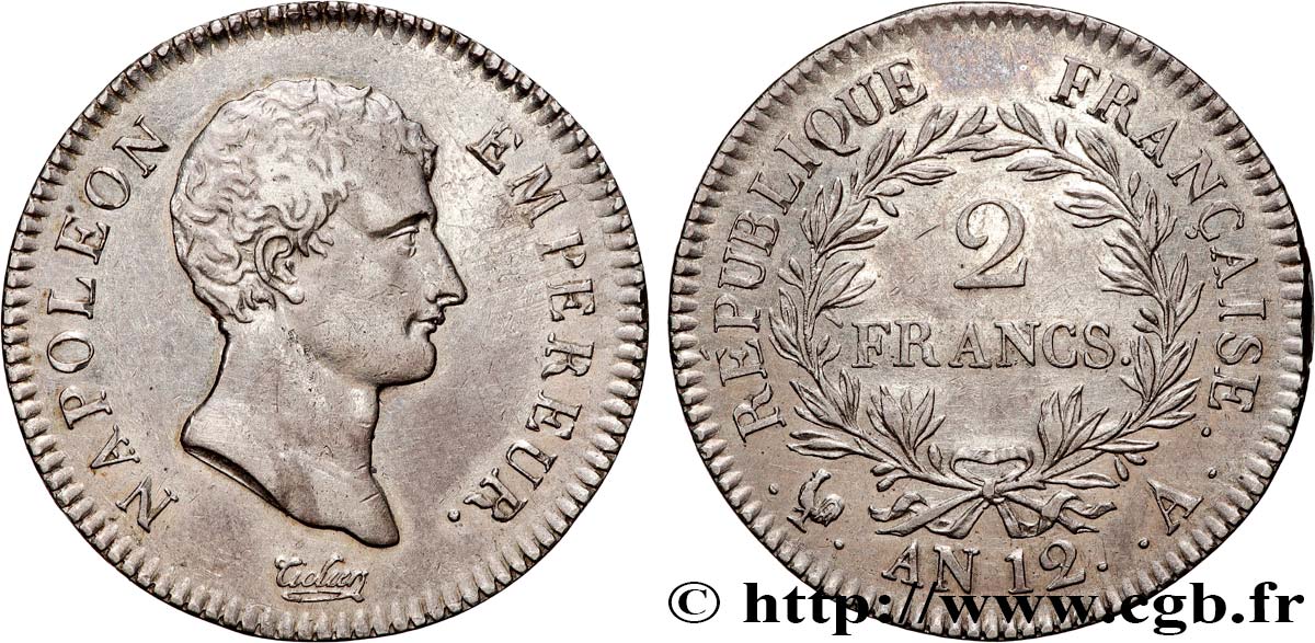 2 francs Napoléon Empereur, Calendrier révolutionnaire 1804 Paris F.251/1 TTB50 