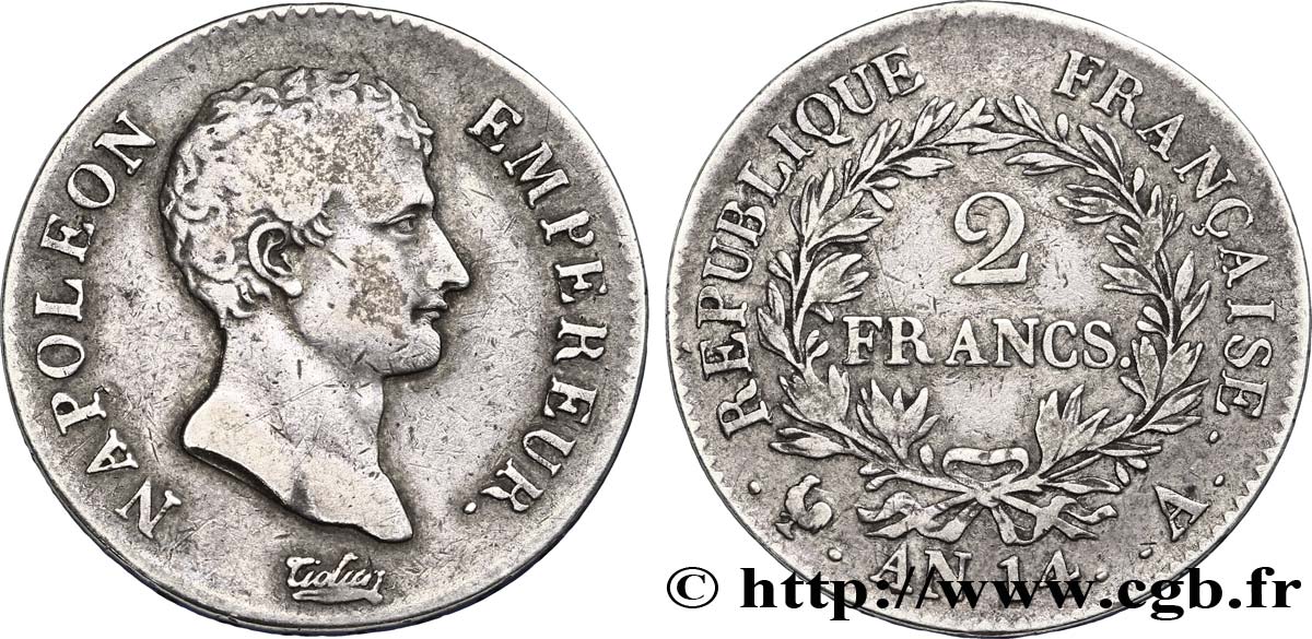 2 francs Napoléon Empereur, Calendrier révolutionnaire 1805 Paris F.251/27 VF35 
