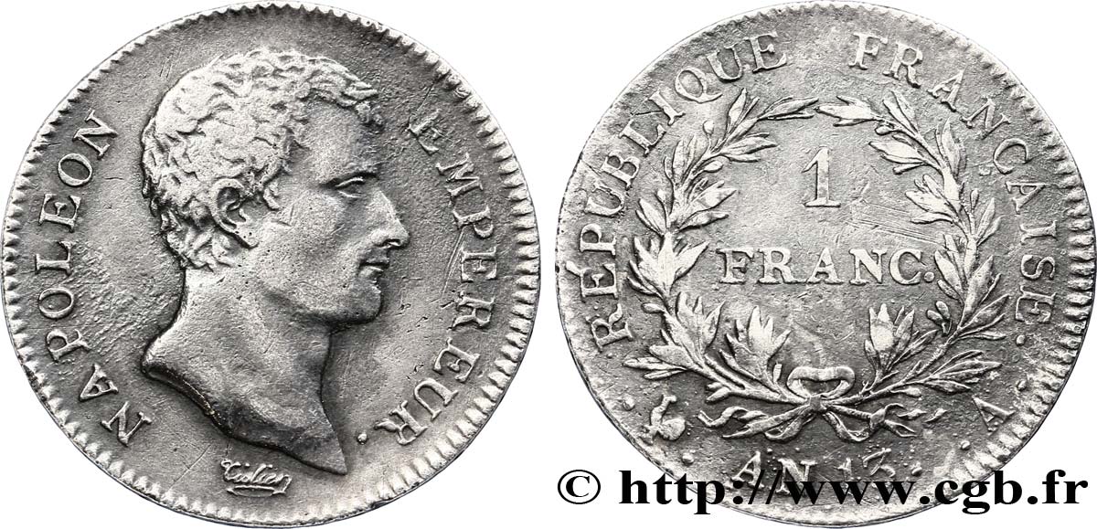 1 franc Napoléon Empereur, Calendrier révolutionnaire 1805 Paris F.201/14 XF42 