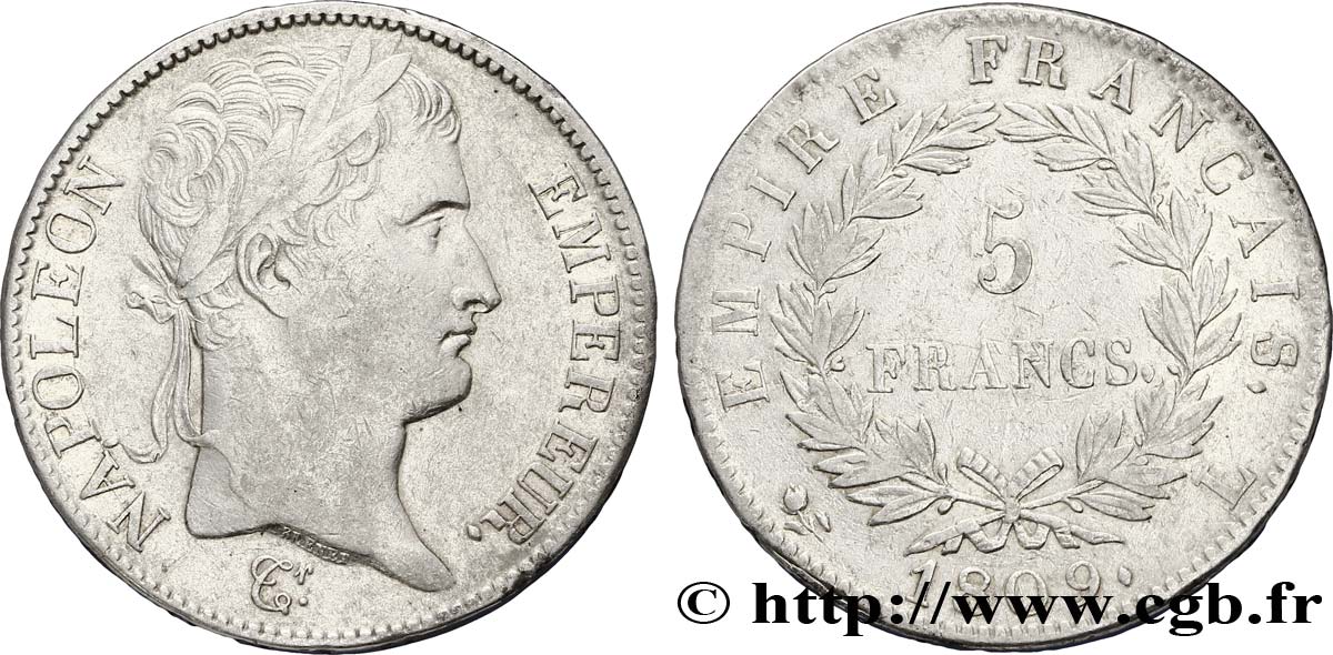 5 francs Napoléon Empereur, Empire français 1809 Bayonne F.307/8 MBC45 