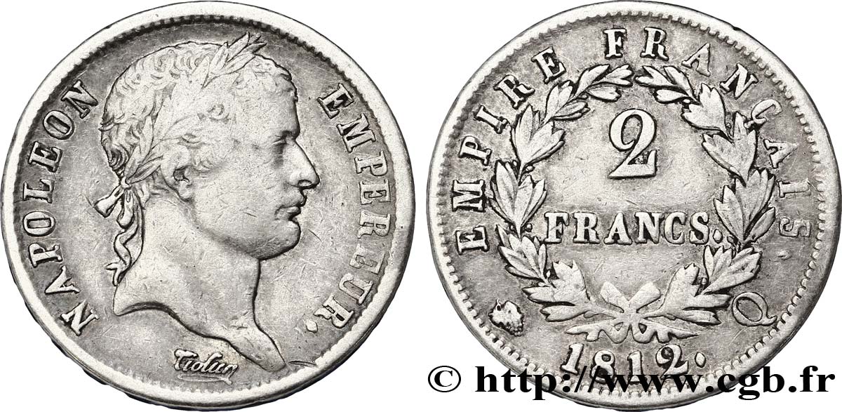 2 francs Napoléon Ier tête laurée, Empire français 1812 Perpignan F.255/48 VF25 