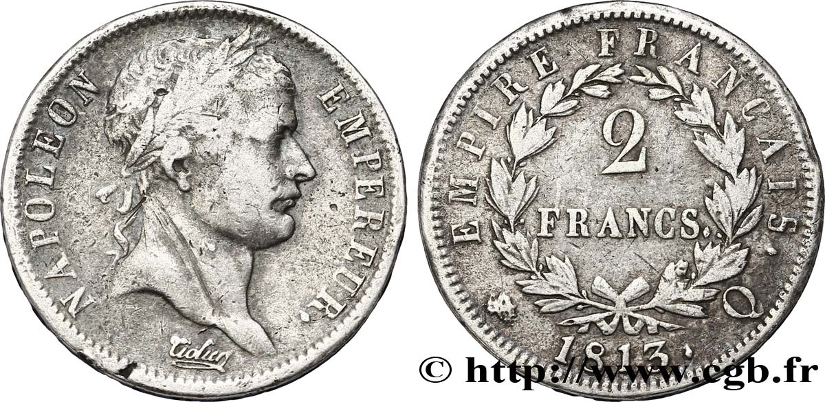 2 francs Napoléon Ier tête laurée, Empire français 1813 Perpignan F.255/62 VF20 