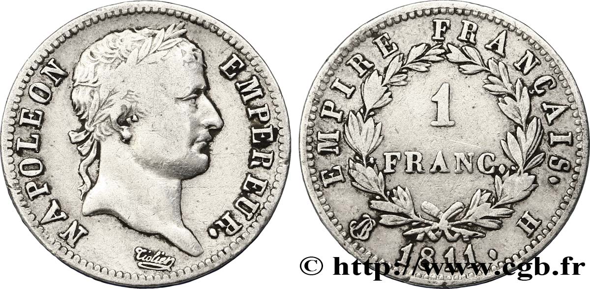 1 franc Napoléon Ier tête laurée, Empire français 1811 La Rochelle F.205/32 VF30 