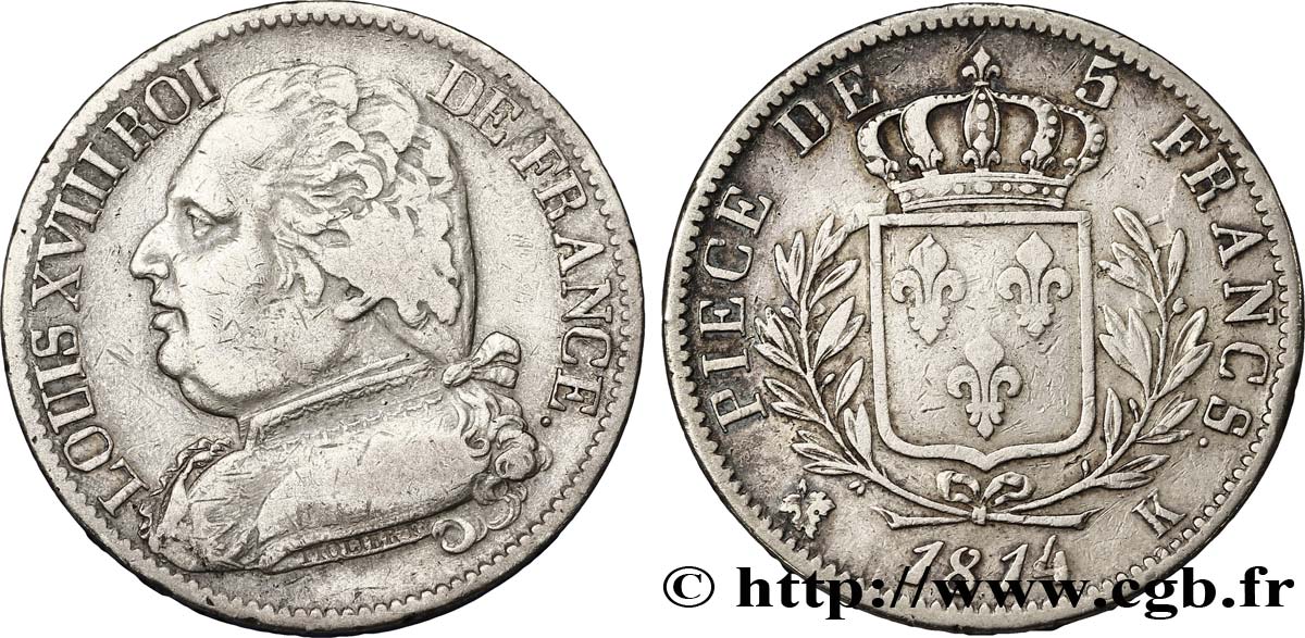 5 francs Louis XVIII, buste habillé 1814 Bordeaux F.308/7 BC25 