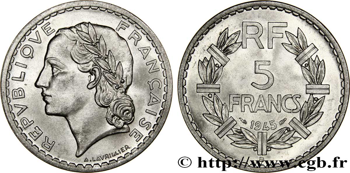 5 francs Lavrillier, aluminium 1945 Beaumont-Le-Roger F.339/4 FDC65 