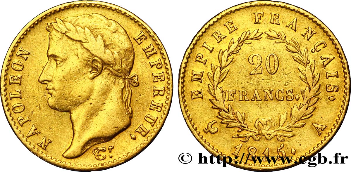 20 francs or Napoléon tête laurée, Cent-Jours 1815 Paris F.516A/1 MBC40 