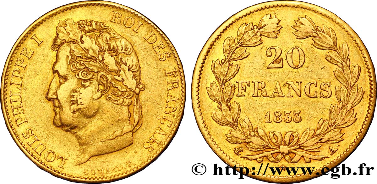 20 francs Louis-Philippe, Domard 1833 Paris F.527/4 XF45 