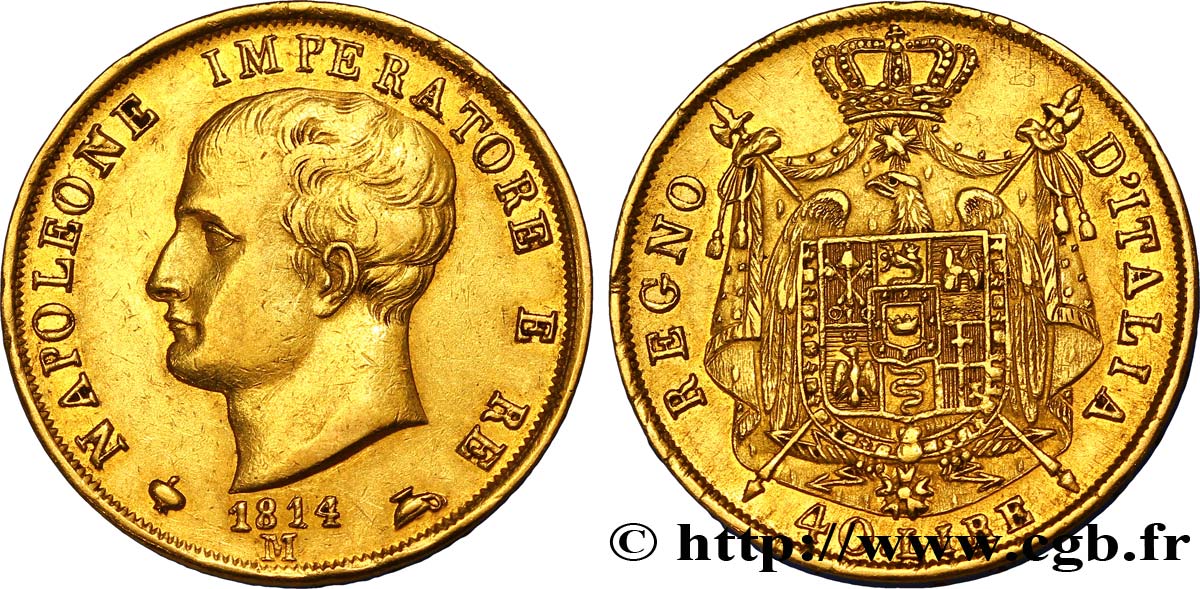 40 lire or Napoléon Empereur et Roi d’Italie, 2e type, tranche en creux 1814 Milan M.203  BB48 