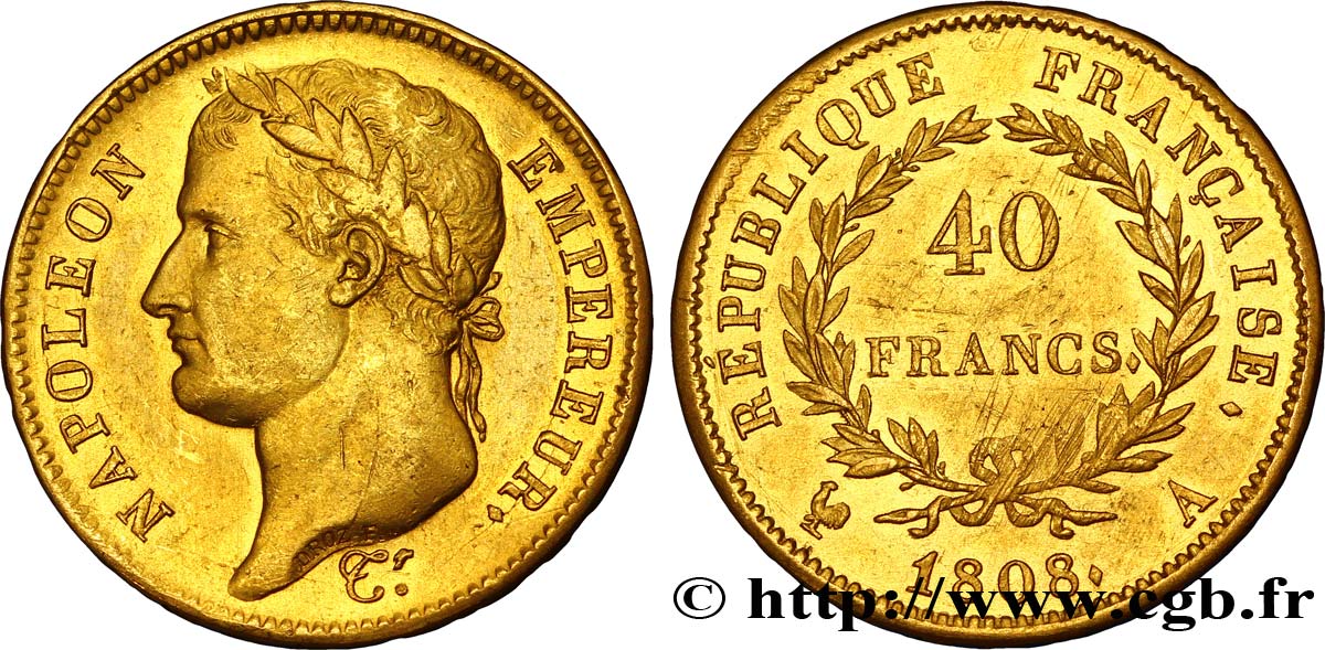40 francs or Napoléon Ier tête laurée, République française 1808 Paris F.540/2 BB48 