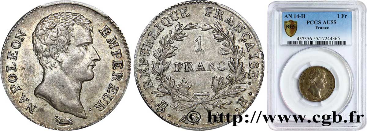 1 franc Napoléon Empereur, Calendrier révolutionnaire 1805 La Rochelle F.201/32 SPL55 PCGS