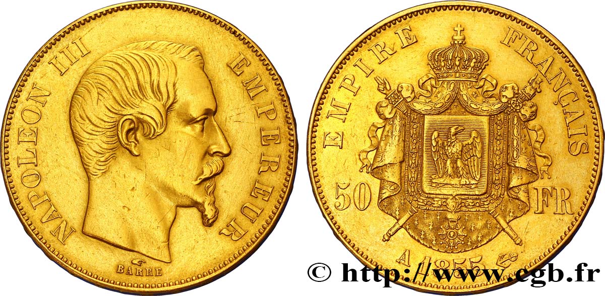 50 francs or Napoléon III, tête nue 1855 Paris F.547/1 XF48 
