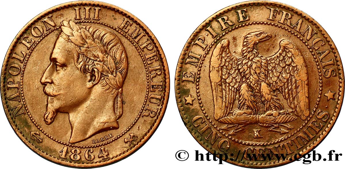 Cinq centimes Napoléon III, tête laurée 1864 Bordeaux F.117/15 TTB45 