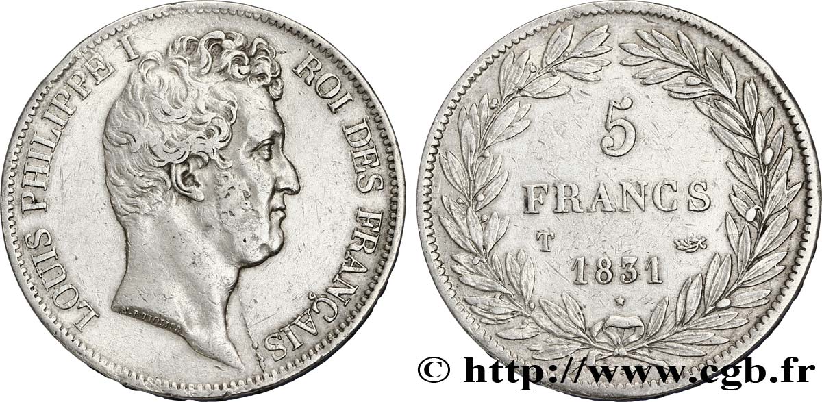 5 francs type Tiolier avec le I, tranche en creux 1831 Nantes F.315/26 MB30 